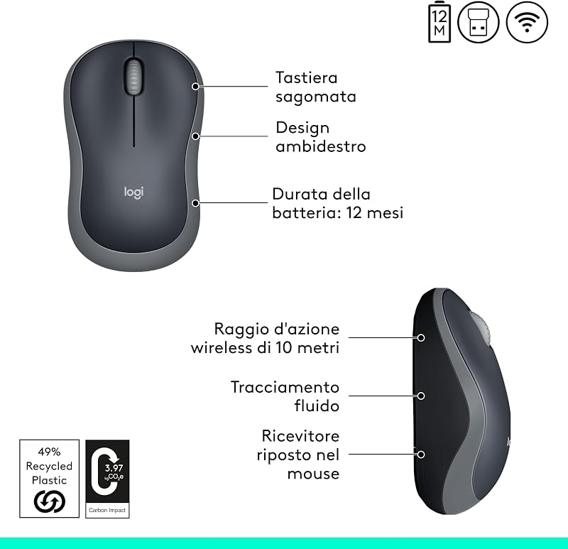 M185 Mouse Wireless, 2,4 GHz con Mini Ricevitore USB