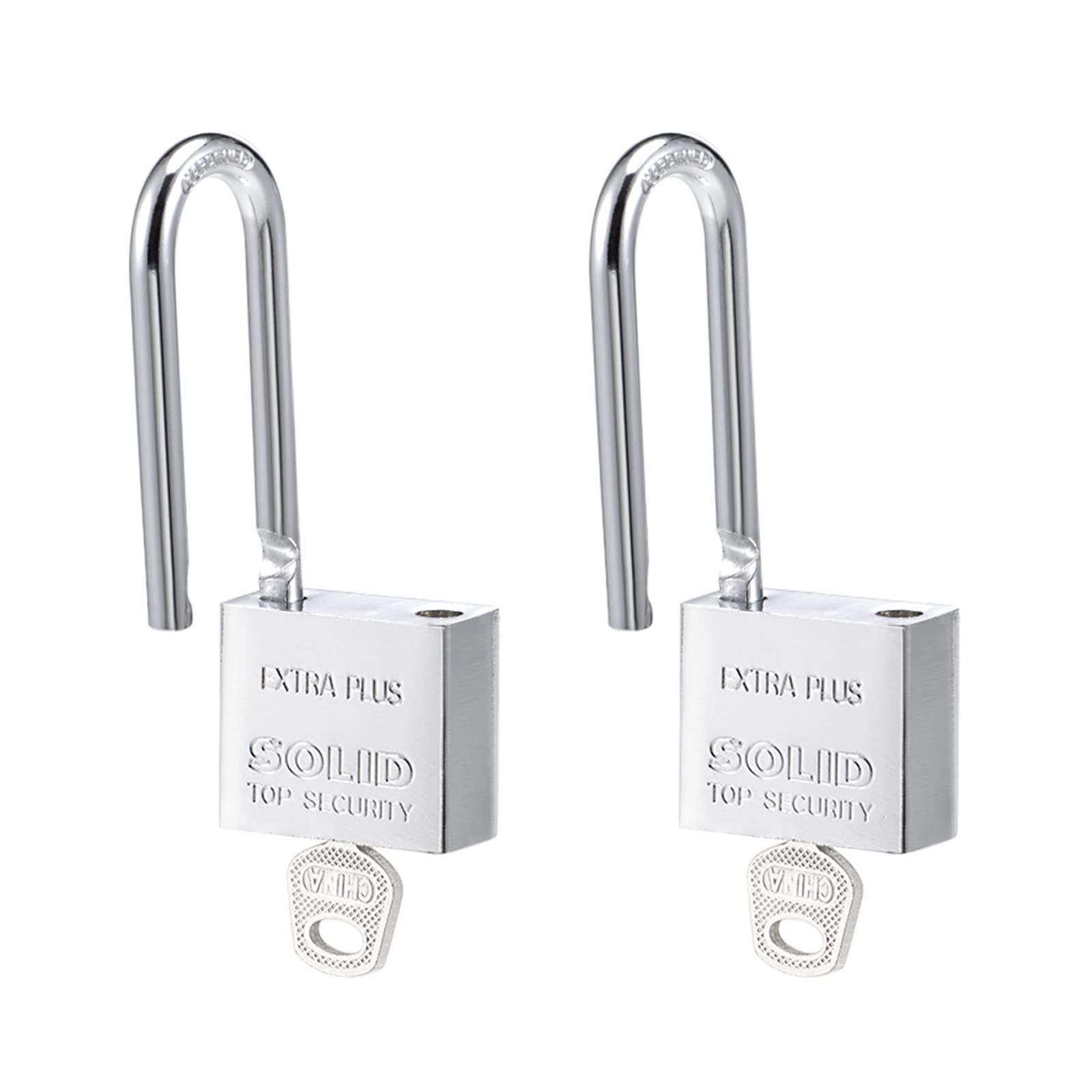 M METERXITY 2 Pack Steel Padlock - Steel Keyed Alike Padlock Chrome Plated Finish Harden Long Shackle Padlock, Anti Rust, Apply to Outdoor Use (30mm Wide, Silver)