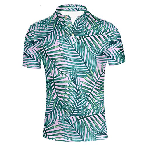 image for HUGS IDEA Hawaiian Men's Golf Polos Shirt Breadfruit Leaves Print Summ