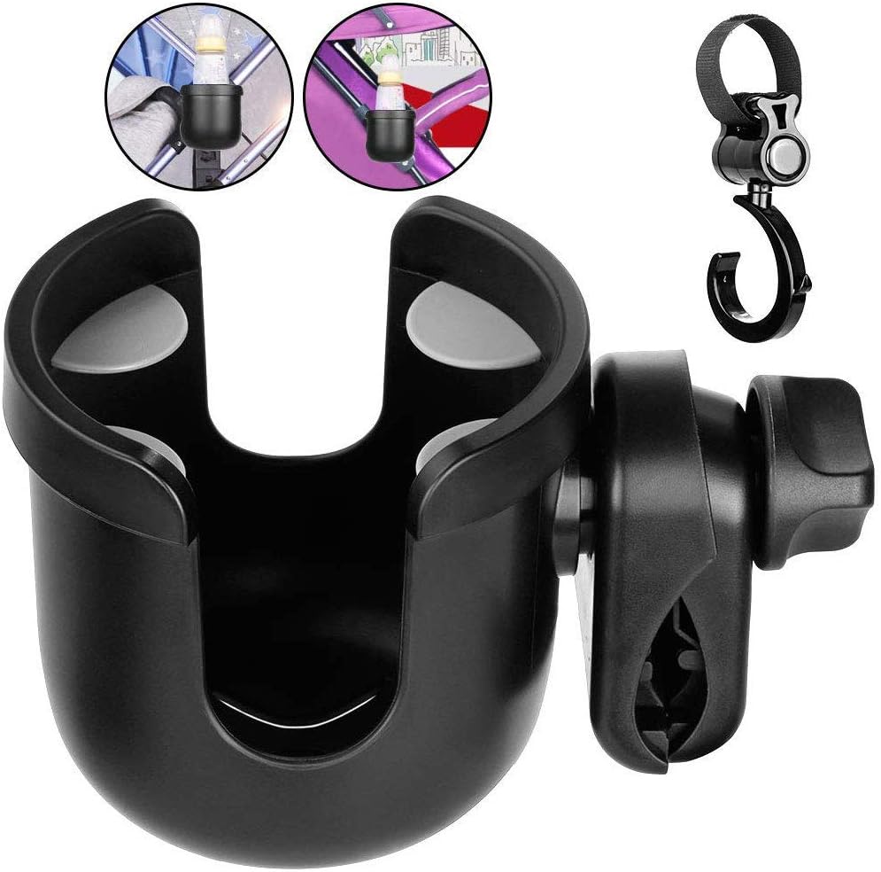 Universal Pram Cup Holder, Corpower Stroller Cup Holder and Stroller Hook, 360 Degrees Universal Rotation Cup Drink Holder for Baby Stroller, Pushchair/Bike (Black)