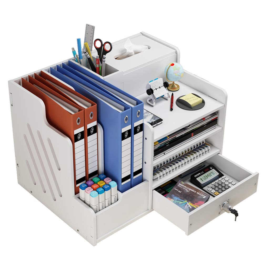 White Desktop Organizer, Multipurpose Desk Document File Tray Organizer Storage Display Shelf Rack for Home Office School(PB07-2)