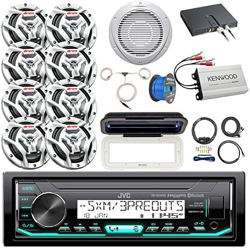 Boat Audio Package: JVC KD-X35MBS Marine AM/FM Bluetooth SiriusXM Receiver, Radio Cover, 8x JVC 6.5" Marine White Speakers, 10" Woofer / Amplifier Combo, Amplifier, Amp Kit, Antenna, Speaker Wire