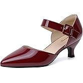 RIBONGZ Comfortable Kitten Heels for Women Pointed Closed Toe Ankle Strap Buckle Heels Slip on Low Heel Church Pumps Wedding Bridal Party Dressy Shoes