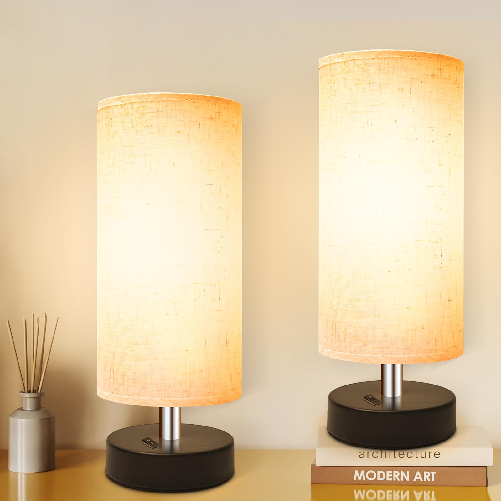 Photo 1 of DEGNJU Small Lamp for Bedroom, Bedside Lamps for Night Stands, Mini Minimalist Table Lamp with Round Flaxen Fabric Shade, 11.8 Inch Desk Reading Lamp for Dorm Room Living Room Office Room, 2 Pack