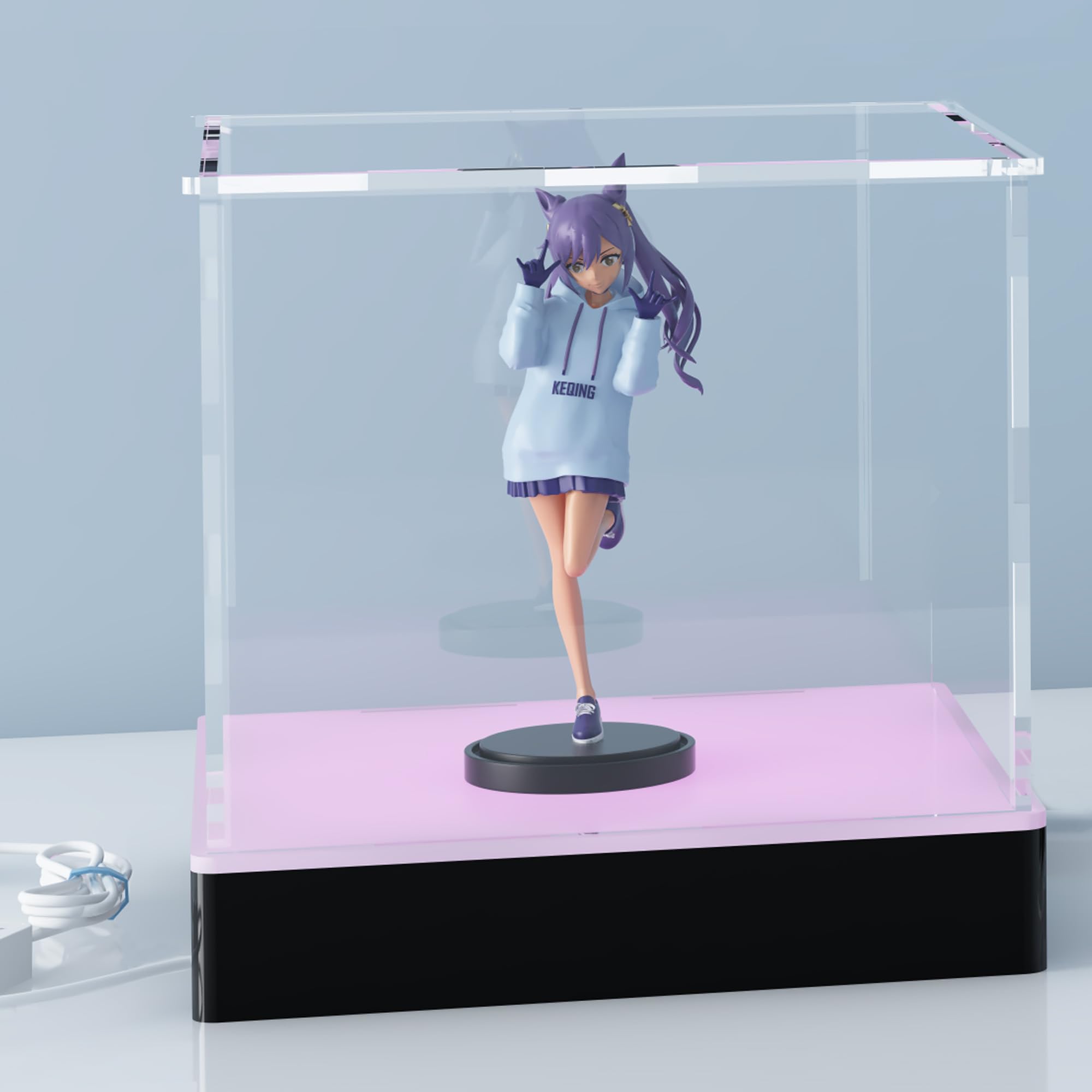 Acrylic Display Case with USB RGB LED Lighting Base, App & Key Controlled, Crystal-Clear Showcase for Collectibles, Toys, Figures & Memorabilia, 20x20x20cm