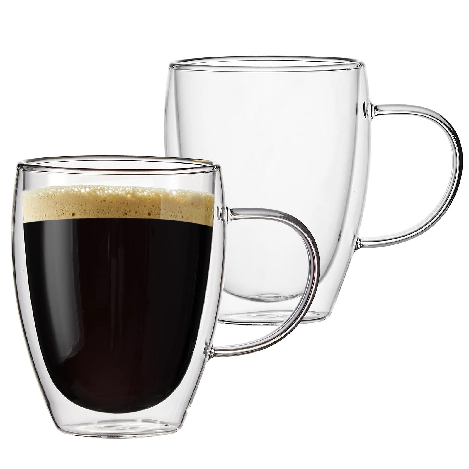 Photo 1 of 12 Oz Double Walled Glass Coffee Mugs with Handle, Insulated Layer Coffee Cups, Clear Borosilicate Glass Mugs - Gift for Cappuccino,Tea,Latte,Espresso,Hot Beverage,Cold Drinks, Set of 2