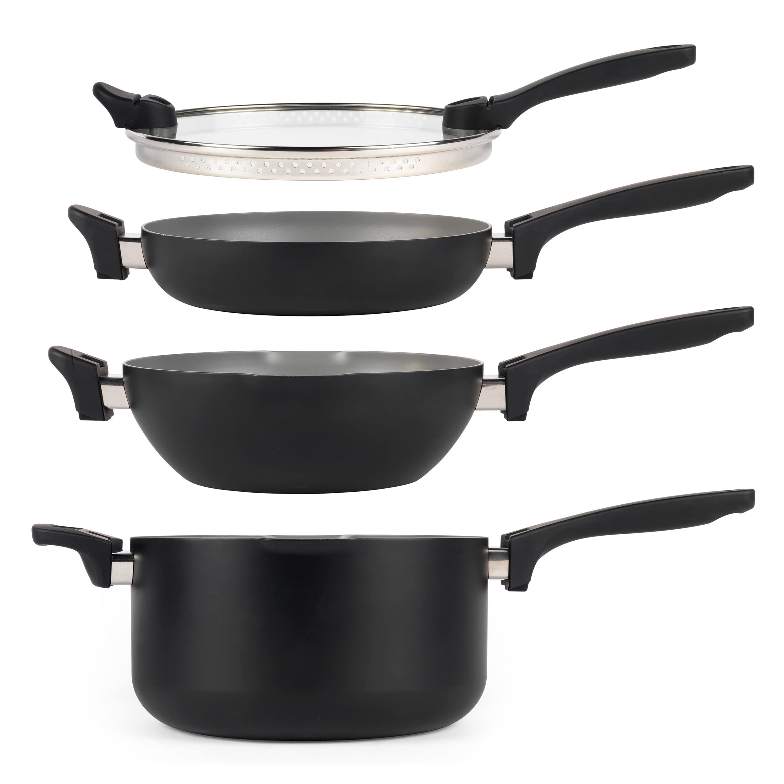 Salter BW10233 Stackable 4 Piece Pan Set, Space Saving, Pouring Lip, All Hob Types Including Induction, Non-Stick, Little to No Oil, Universal Glass Lid, Soft Touch Handle, Easy Clean, Grey, Black