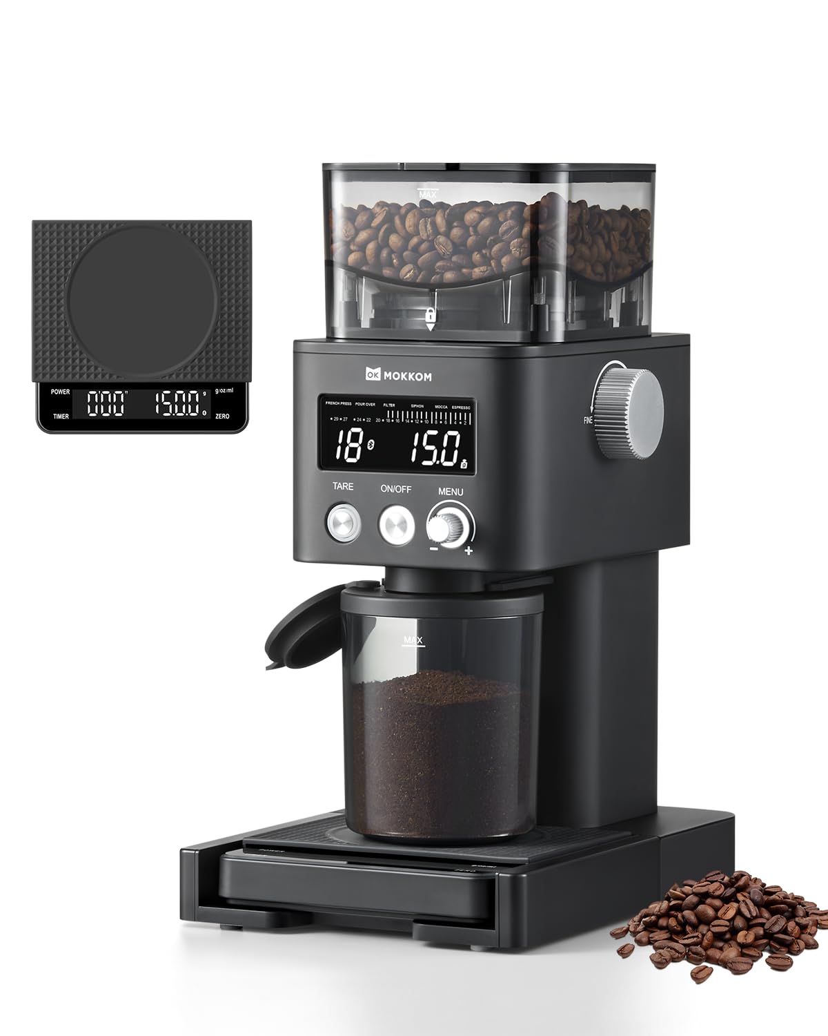 Photo 1 of MOKKOM Coffee Grinder with Removable Coffee Scale via Bluetooth Connectivity, Anti-static Conical Burr Coffee Bean Grinder, 31 Precise Settings for Espresso/Drip/Pour Over/Cold Brew/French Press