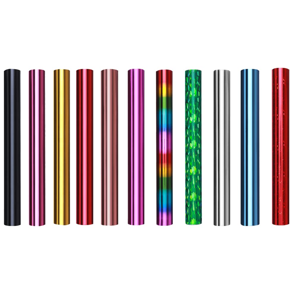 11Pack 5mx15cm Transfer Sheets,196.8"x5.9" Metallic Variety Pack Glimmer Hot Foil Roll Heat Activated Foil Glimmer Foil Transfer Sheets for Hot Foil Plate Scrapbooking Letterpress Embossing Card Craft
