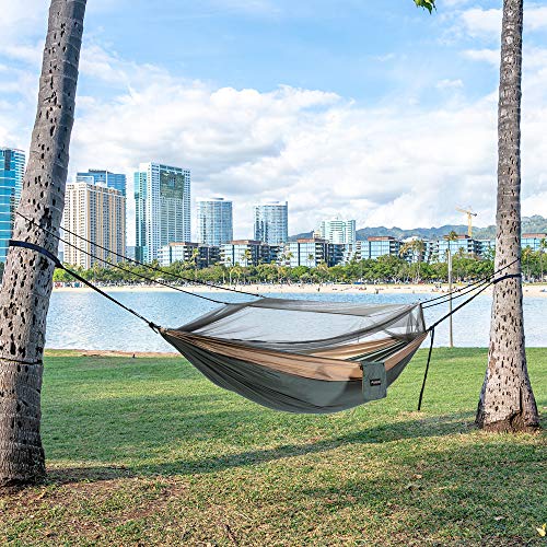 Camping Hammock with Mosquito Net, Lightweight Nylon Double Hammock, Portable Parachute Hammock for Backpacking, Travel, Beach, Backyard, Hiking - 2 Carabiners and Tree Straps(Green,78''W x 118''L)