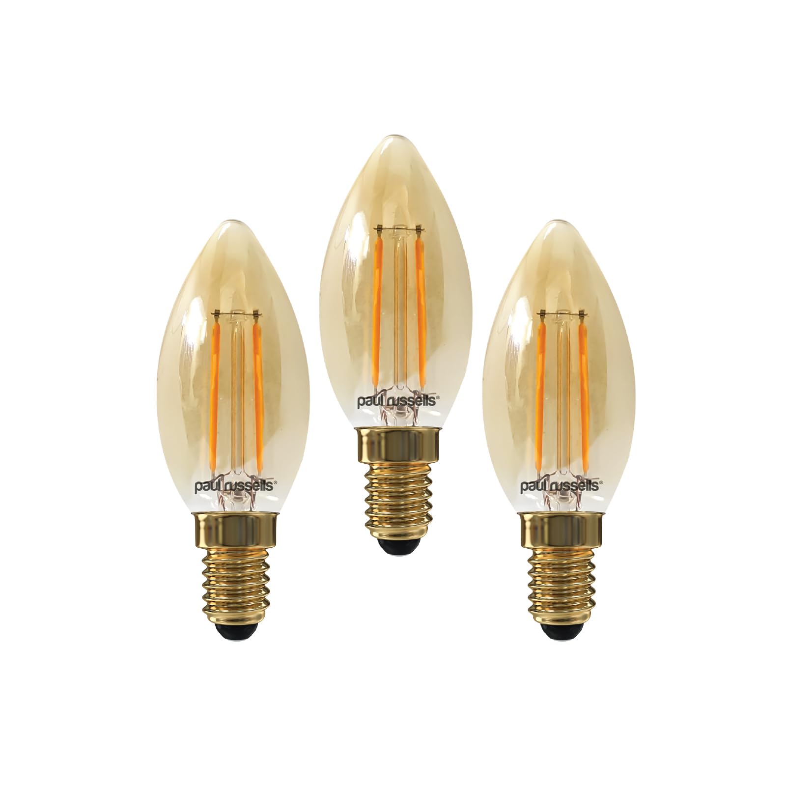 paul russells LED Candle Filament Light – 2.5W 20W Equivalent Replacement, 200LM Lumens, 2200K Extra Warm White, SES E14 Small Edison Screw C35 Bulbs – Energy Saving Non-Dimmable Lamps - 3 Pack