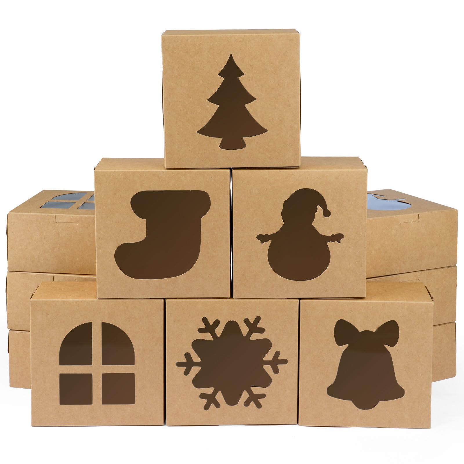 Photo 1 of 12 PCS Christmas Cookie Boxes, 6×6×3 Inches Treat Boxes Tin, Small Pastry Boxes with Window, for Gift Giving Packaging Dessert Bakery Cupcake Baked Goods (Brown)