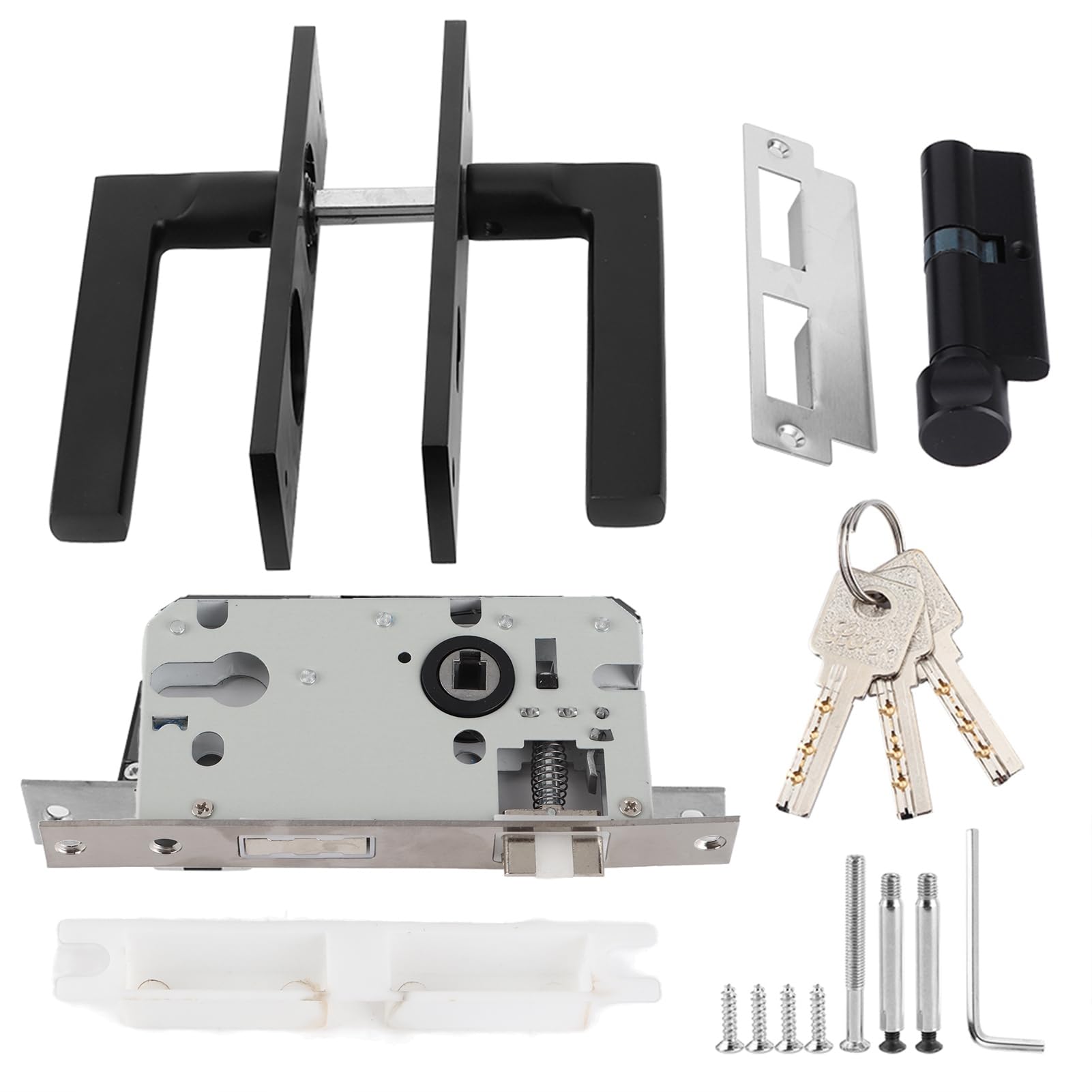 Euro Black Door Handle with Lock and Key Box Set - Aluminum Mortise Lock Complete Set with 3 Keys for Home and Bathroom