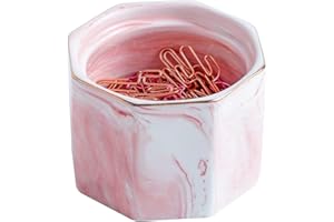 YOSCO Paper Clip Holder Ceramic Octagon Marbling Paper Clip Dispenser for Desk Paper Clip Organizer Office Binder Clip Holder (Pink)
