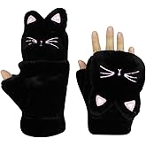 RARITYUS Women Girls Gloves Warm Soft Cute Cat Plush Convertible Flip Top Winter Fingerless Thick Mittens for Teen