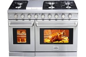Sinda 48" Gas Range Freestanding Range with 7.0 cu.ft Convection Oven 6 Burners Cast Iron Grates Convections Two Porcelain Oven Racks Natural Gas/LP Convertible