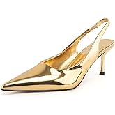 heelchic Slingback Kitten Heels for Women, Closed Pointed Toe Womens Low Heel Pumps for Dress, Gold 6.5