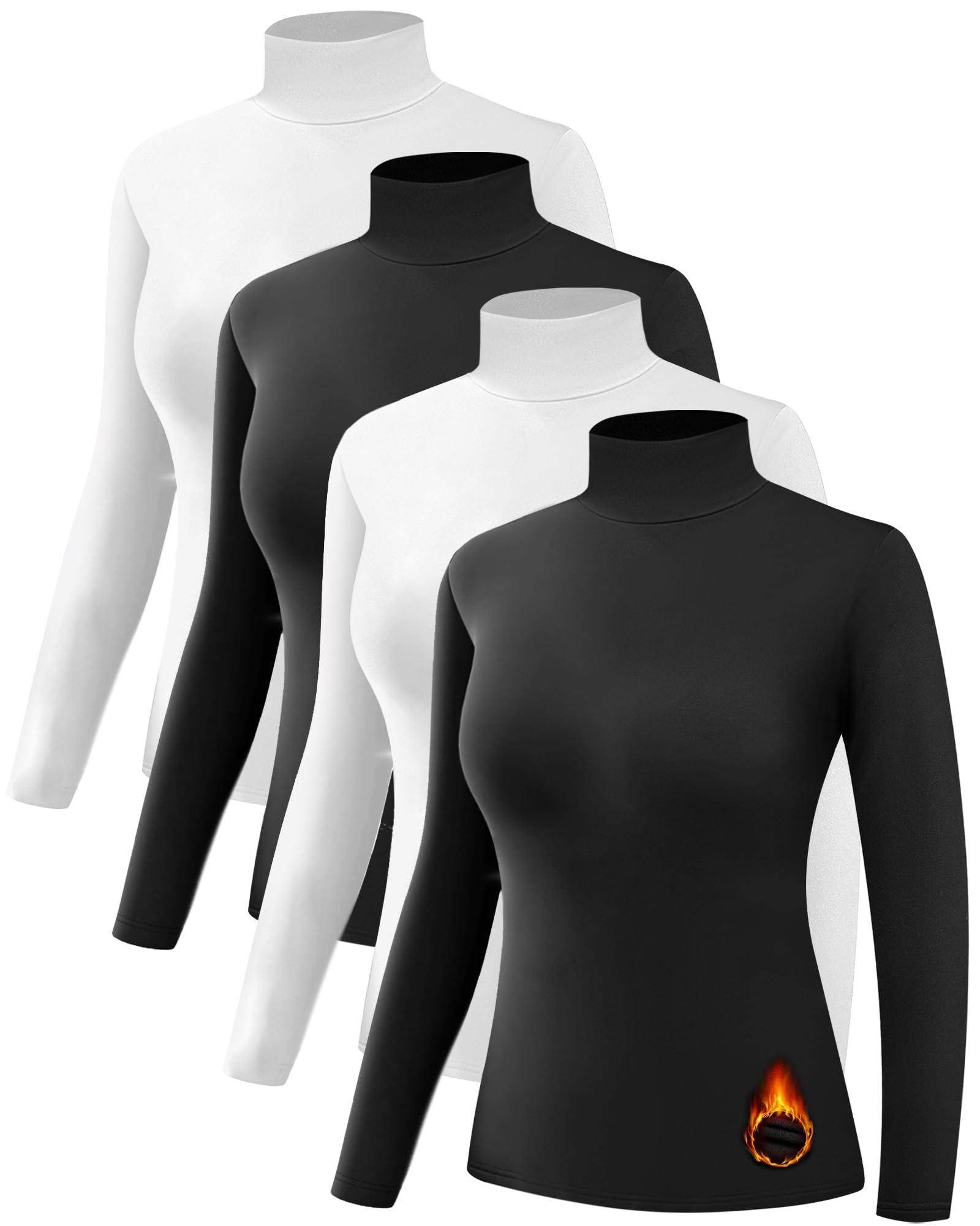 Dalavch 4 Pack Women’s Thermal Turtleneck Shirts, Women Turtle Neck Fleece Lined Compression Long Sleeve Base Layer Tops 2 Black 2 White X-Large Image