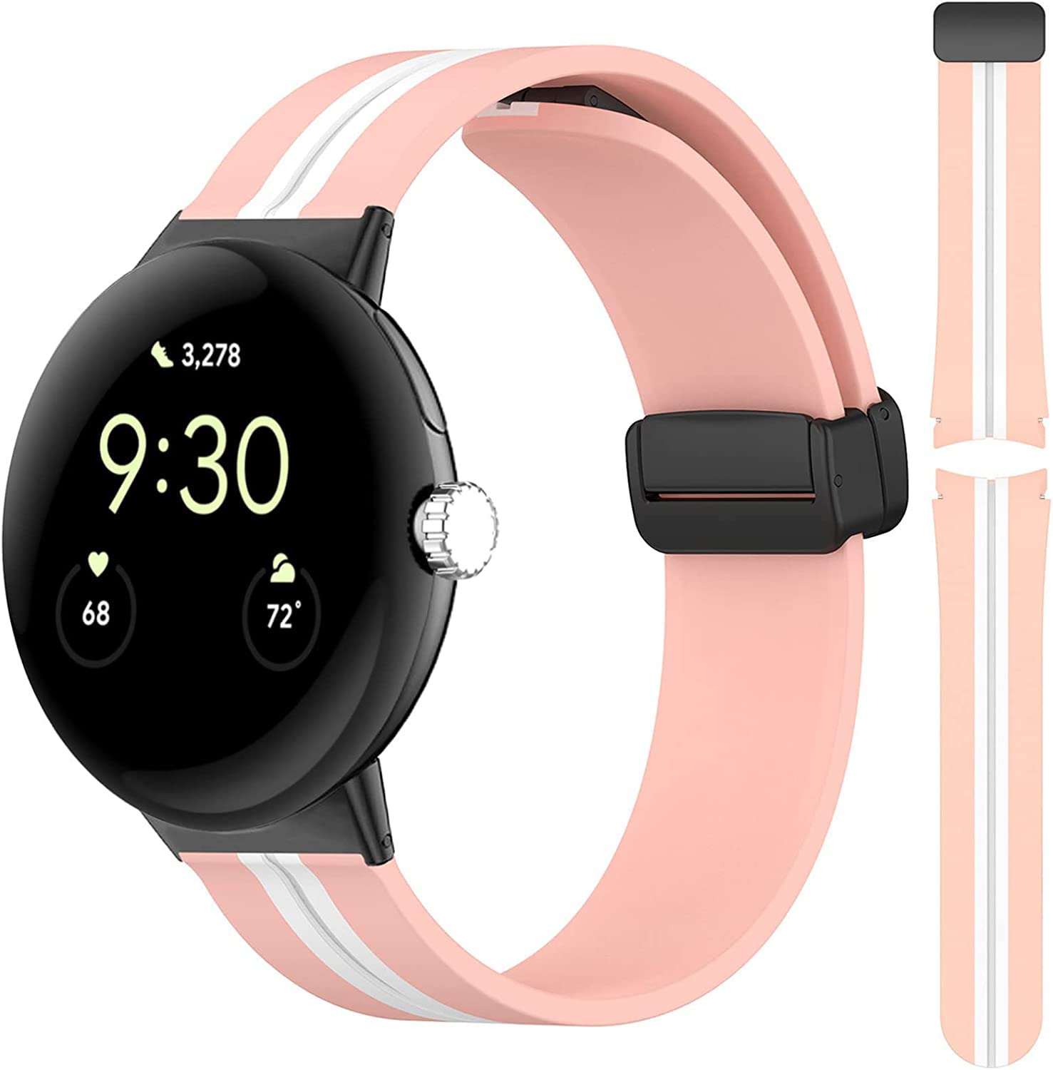 Miimall Strap for Google Pixel Watch 2/ Pixel Watch, [No Gap] [Magnetic Folding Buckle] Soft Silicone Sports Band Lightweight Waterproof Replacement Wristband Strap for Pixel Watch (Pink+White)