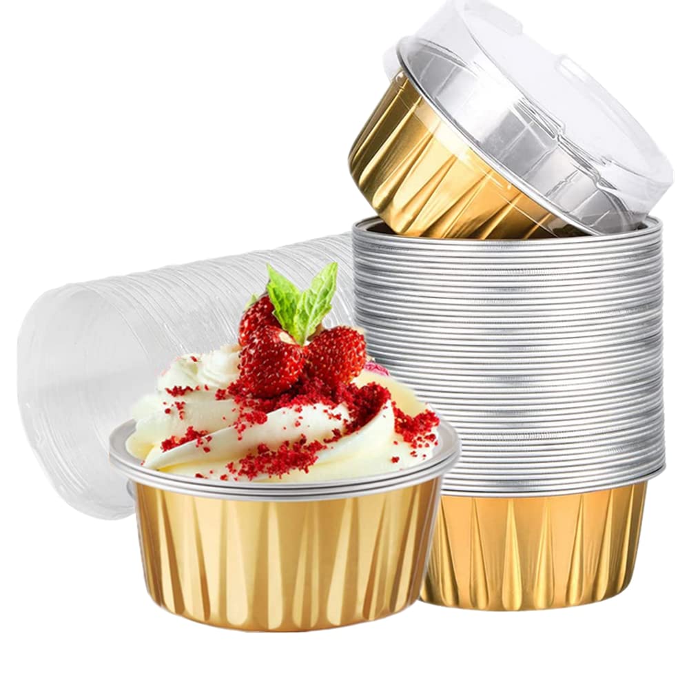 50 Set Disposable Cupcake Wrappers Cupcake Muffin Liners with Lids, 5oz Gold BaseAluminum Foil Baking Cups Holders for Baking Cups and Muffins or Pudding