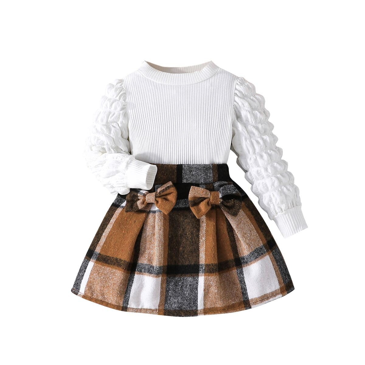 Photo 1 of ***MISSING SHIRT***
Noubeau Toddler Girls Plaid Outfits Girls Puff Sleeve Knit Ribbed Shirt Tops Plaid Skirt Set Kids Fall Winter Clothes(Black-Brown, 8 Years old)