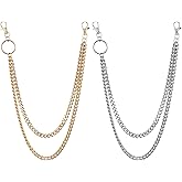 Andibro 2 Pcs Double Layer Pants Wallet Chain For Men Women, Silver Gold Jean Chains With Lobster Clasp Heavy Duty Pocket Chain Hip Hop Accessories