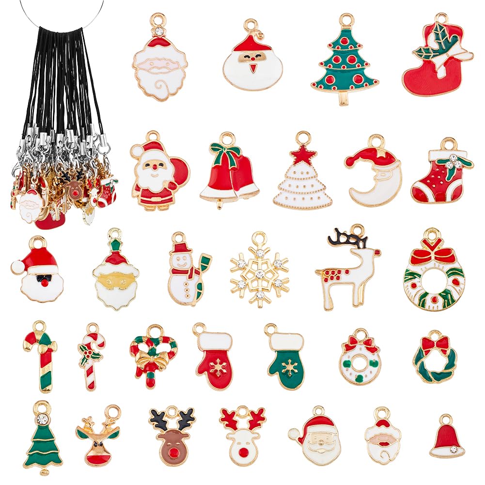 SUPERFINDINGS 29Pcs Christmas Mobile Straps Alloy Enamel Cell Phone Straps with Nylon Cord Cute Christmas Trees Santa Claus Elk Snowmen Mobile Dangle Charms for Smartphones Backpack Wallet