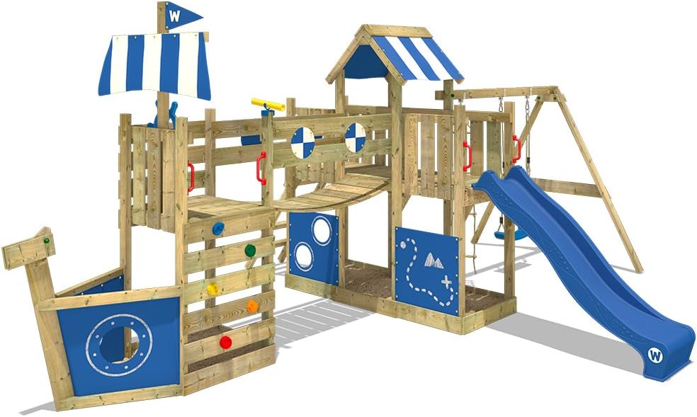 WICKEY Parque infantil de madera ArcticFlyer con columpio y tobogán azul, Casa de juegos de jardin con arenero y escalera para niños: Amazon.es: Bricolaje y herramientas