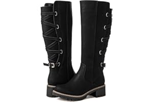 GLOBALWIN Women's Strappy Motorcycle Knee High Boots Riding Boots Back Lace Up Fall Winter Fashion Knee High Boots For Women