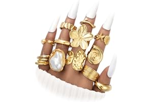 FAXHION 12 PCS Chunky Gold Rings for Women Non Tarnish Statement Flower Ring, 14K Gold Plated Stackable Open Stacking Rings, Big Knuckle Trendy Ring Set Jewelry Gift