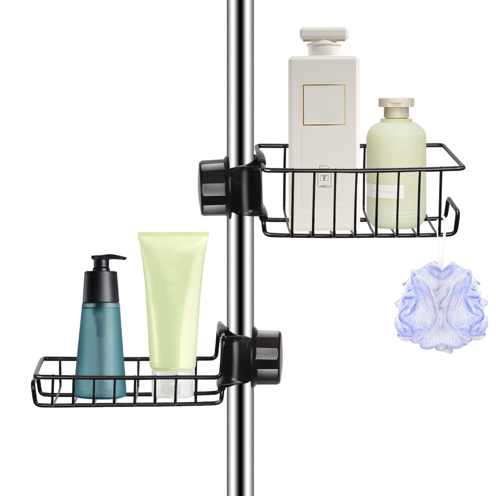 UHAPEER 2 Pack Shower Rack No Drill, Rust-free organizer, Black Bathroom Organizer, for 18-27mm riser rail shower caddy no drill, Shampoo Holder Sponge Holder, Stainless Steel Shower Shelf