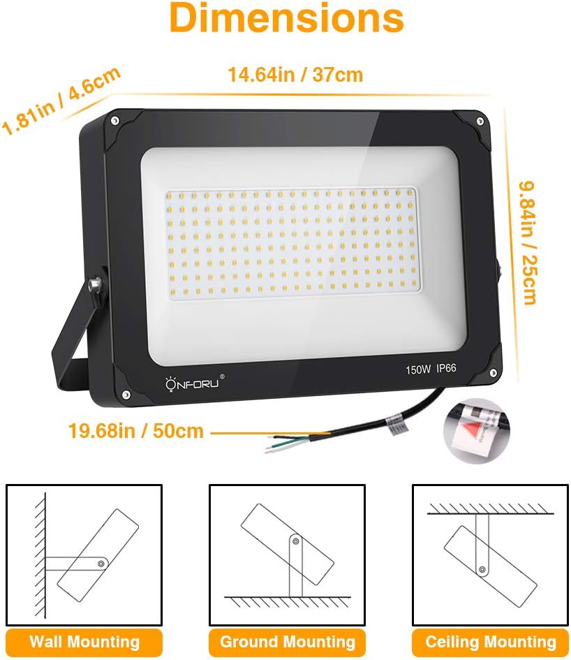 Onforu 150W LED Flood Light Outdoor, 15000lm Super Bright Security Light, IP66 Waterproof Exterior Floodlight, 5000K White Stadium Lights for Basketball Court, Parking Lots, Playground, Yard (2 Pack) - - 