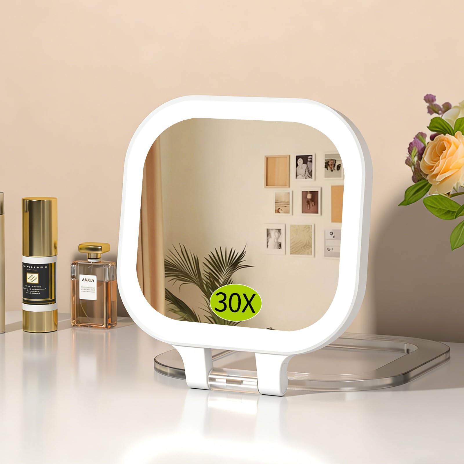 Photo 1 of FUNTOUCH 4inch 1x 30x Magnifying Travel Makeup Mirror with Lights, Rechargeable Lighted Compact Mirror with Light, 3 Color Lighting, Double Sided Portable Handheld Hanging, Gifts for Women,White