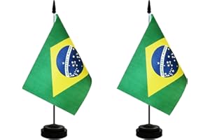 Rotenl 2 Pack Brazil Desk Flag, Brazilian Table Office Flag with Solid Pole and Stand Base, International Country Flag, Festival Celebration, Classroom Meeting Desktop Decoration (Brazil)