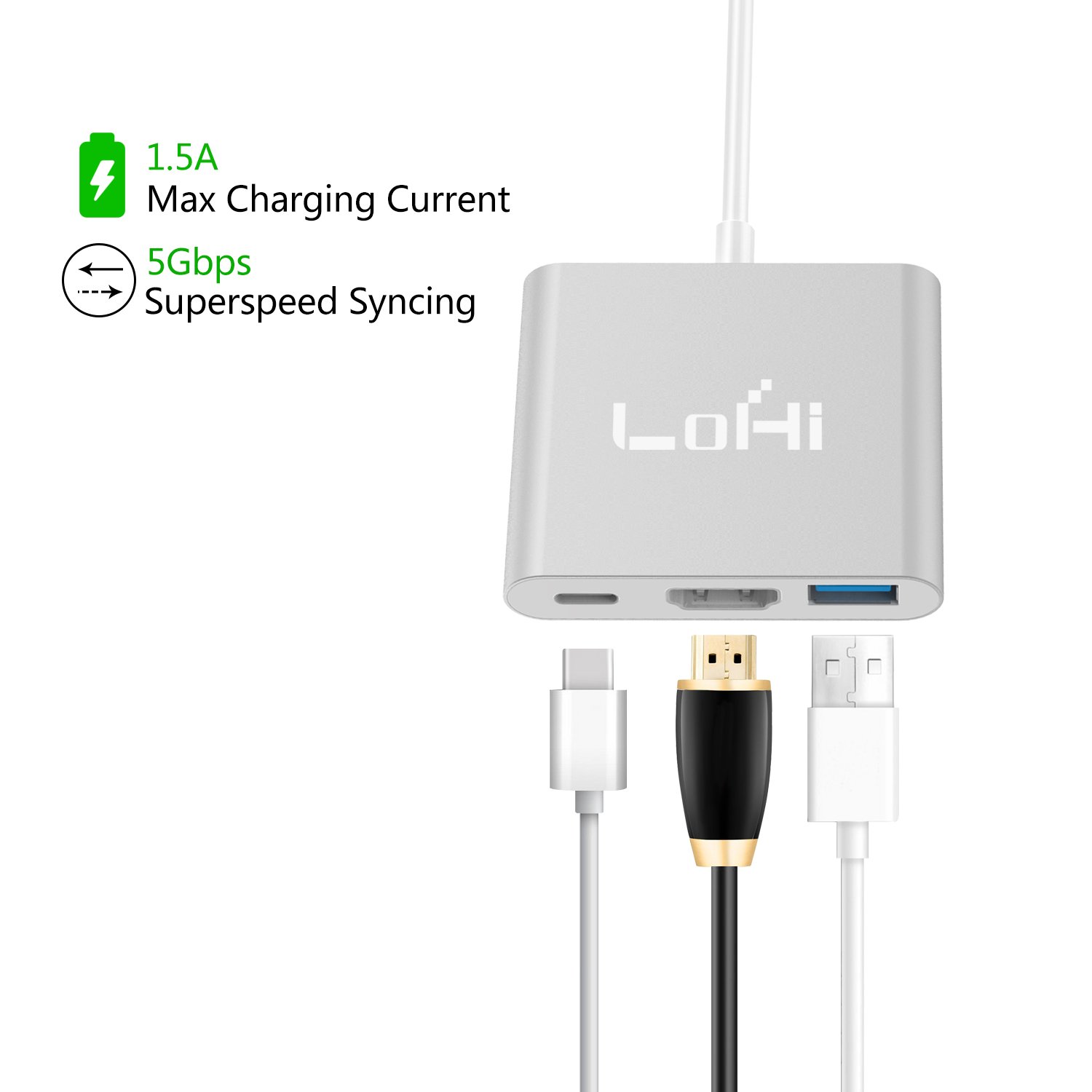 USB-C-to-HDMI, LoHi 3-in-1 Digital Multiport adapter, USB-C Quick Charging + HDMI (Supports 4K) + USB 3.1 Port, for HDMI Converter and MacBook /ChromeBook Pixel/USB-C Devices (Sliver)