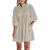 Opemiby Womens Casual Dresses Corduroy Button Up Empire Waist 3/4 Sleeve Fall Winter Mini Babydoll Dress