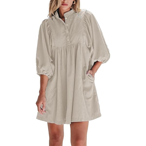 Amazon.com: Melliflo Womens Corduroy Snap Buttons Babydoll Mini Dress 3/4  Sleeve Empire Waist Solid Casual Loose Flowy Fall Dress : Clothing, Shoes &  Jewelry