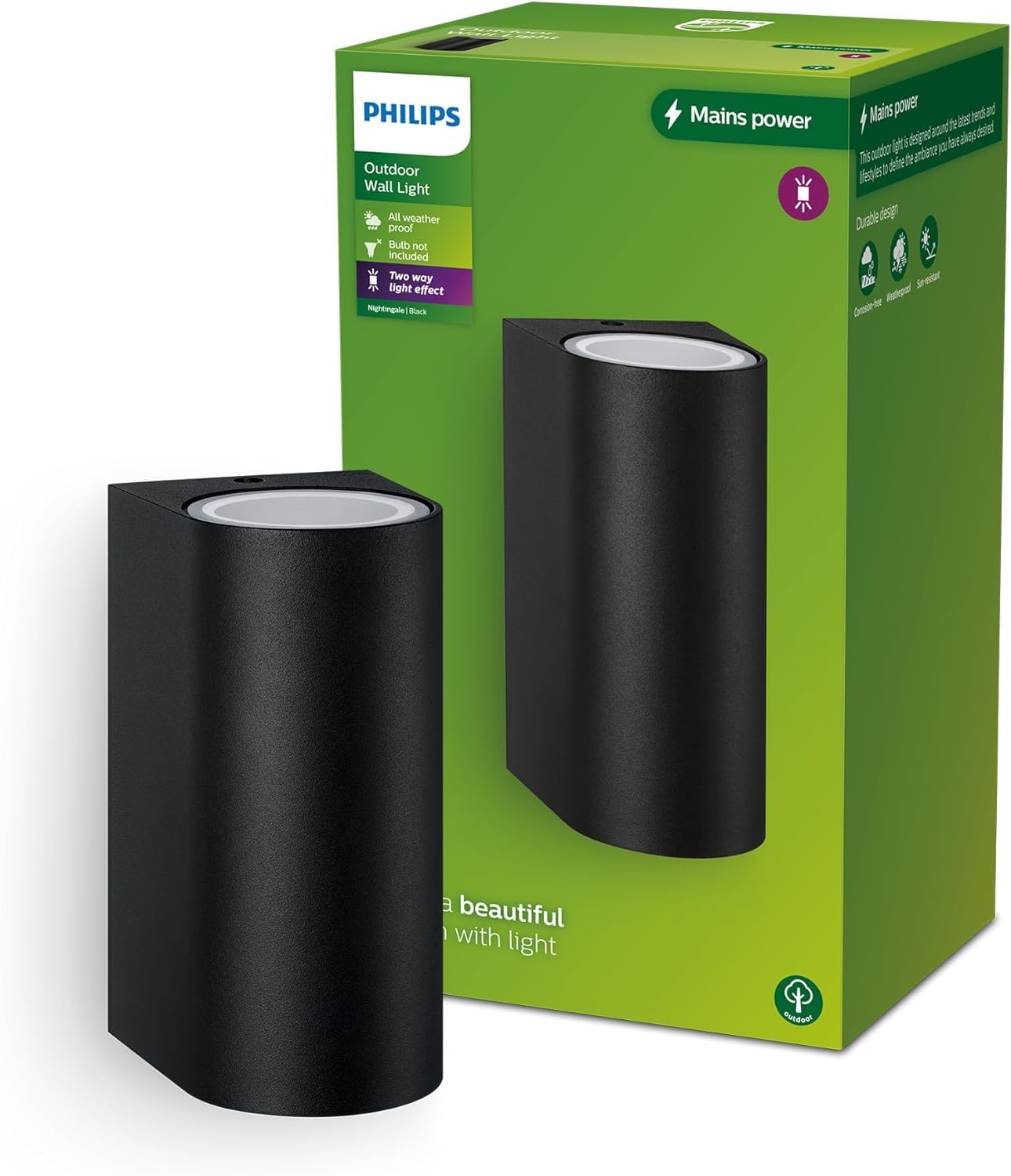 Philips Lighting Nightingale Outdoor wall Light, Without Bulb, 2X max. 35W, Black, IP44 Weatherproof