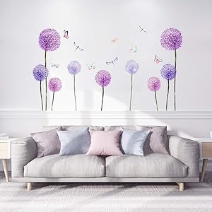 Supzone Purple Dandelion Wall Stickers Colorful Butterfly Wall Sticker Flower Dragonfly Wall Decor Self-Adhesive Vinyl Wall Art for Bedroom Sofa Living Room Waterproof Mural Home Decoration