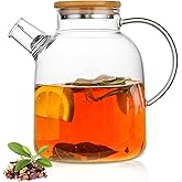60.8oz Glass Teapot, Stovetop & Microwave Safe Glass Borosilicate Tea Pot,Clear Teapot with Strainer, Glass Tea Kettle with Wooden Lid, Loose Leaf、Fruit Tea and Fragrant Tea