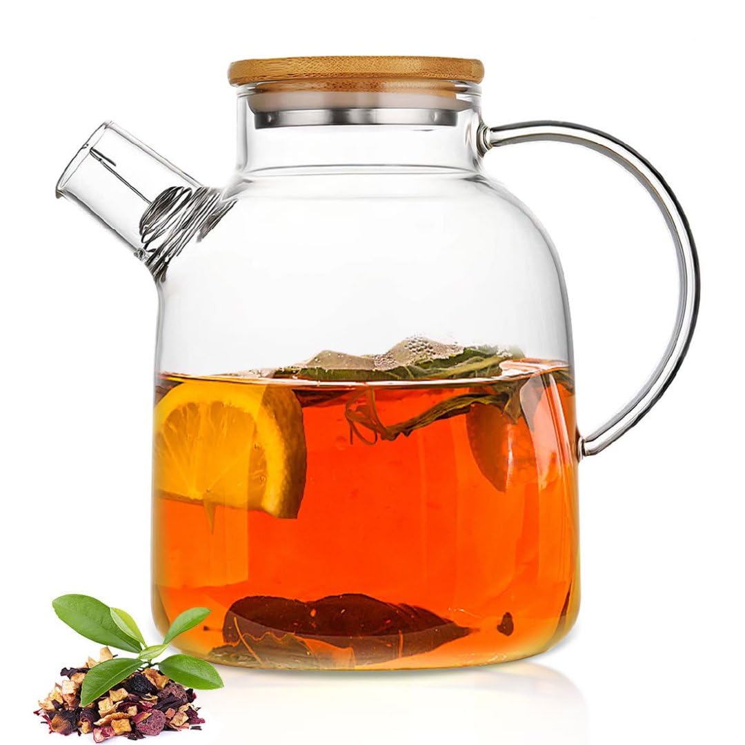 Photo 1 of 60.8oz Glass Teapot, Stovetop & Microwave Safe Glass Borosilicate Tea Pot,Clear Teapot with Strainer, Glass Tea Kettle with Wooden Lid, Loose Leaf?Fruit Tea and Fragrant Tea