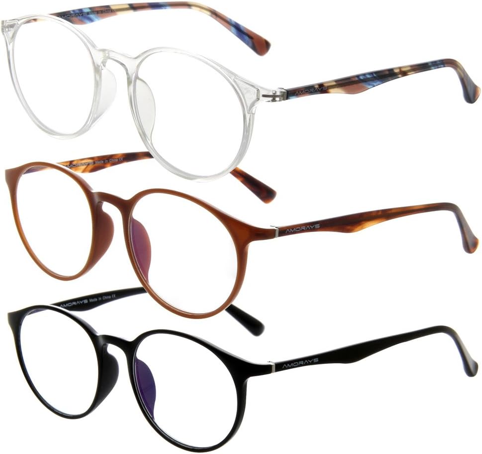 Amorays 3 Pairs Womens Mens Round Oversized Acetate Reading Glasses Fashion Unisex Magnifier Readers AM502 (+1.00)