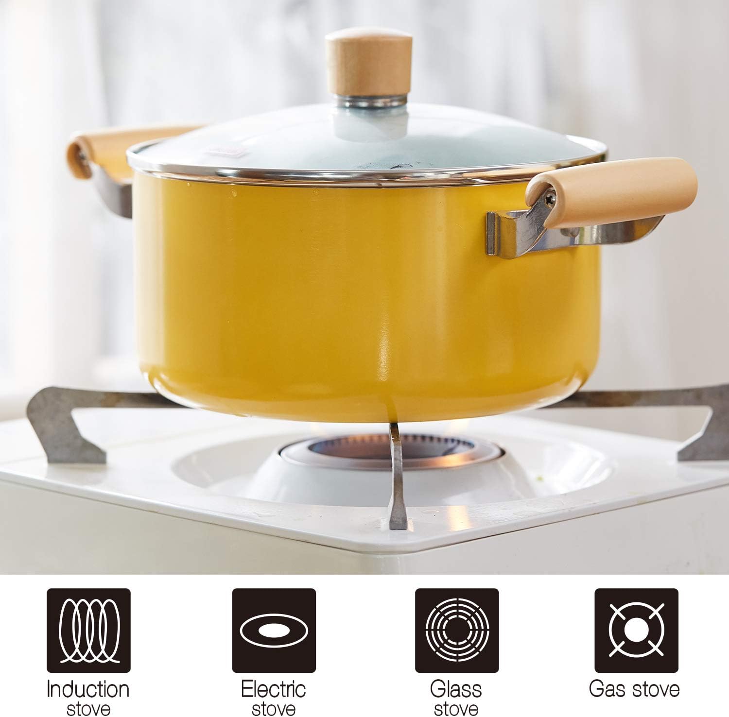 Stock Pot, ROCKURWOK Nonstick Soup Pot Pasta Cooking Pot with Lid, Cast Aluminum Casserole Dutch Oven with Double Wooden Handle, 3.3 Quart, Yellow: Kitchen & Dining