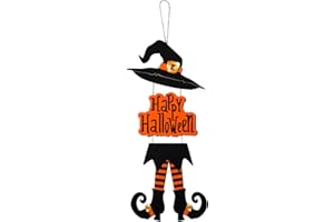 Yerliker Halloween Happy Sign Decoration Witch Legs Hat Hanging Wooden Wall Decor Version Rustic Front Door Hanger Fall Art Ornament for Home Room Indoor Outdoor Holiday Party(Orange)
