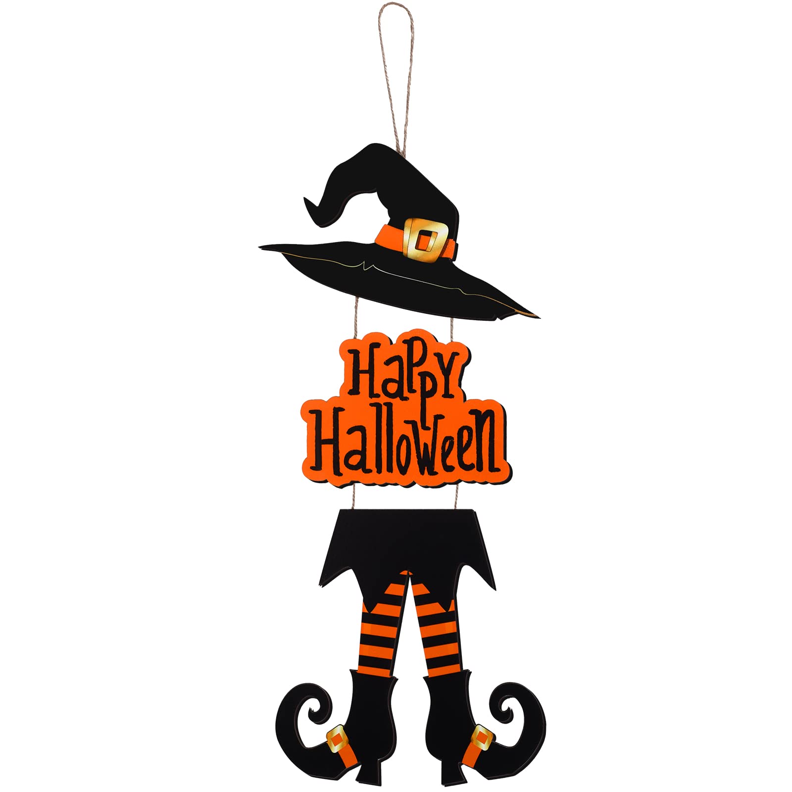 Photo 1 of Yerliker Halloween Happy Sign Decoration Witch Legs Hat Hanging Wooden Wall Decor Version Rustic Front Door Hanger Fall Art Ornament for Home Room Indoor Outdoor Holiday Party(Orange)