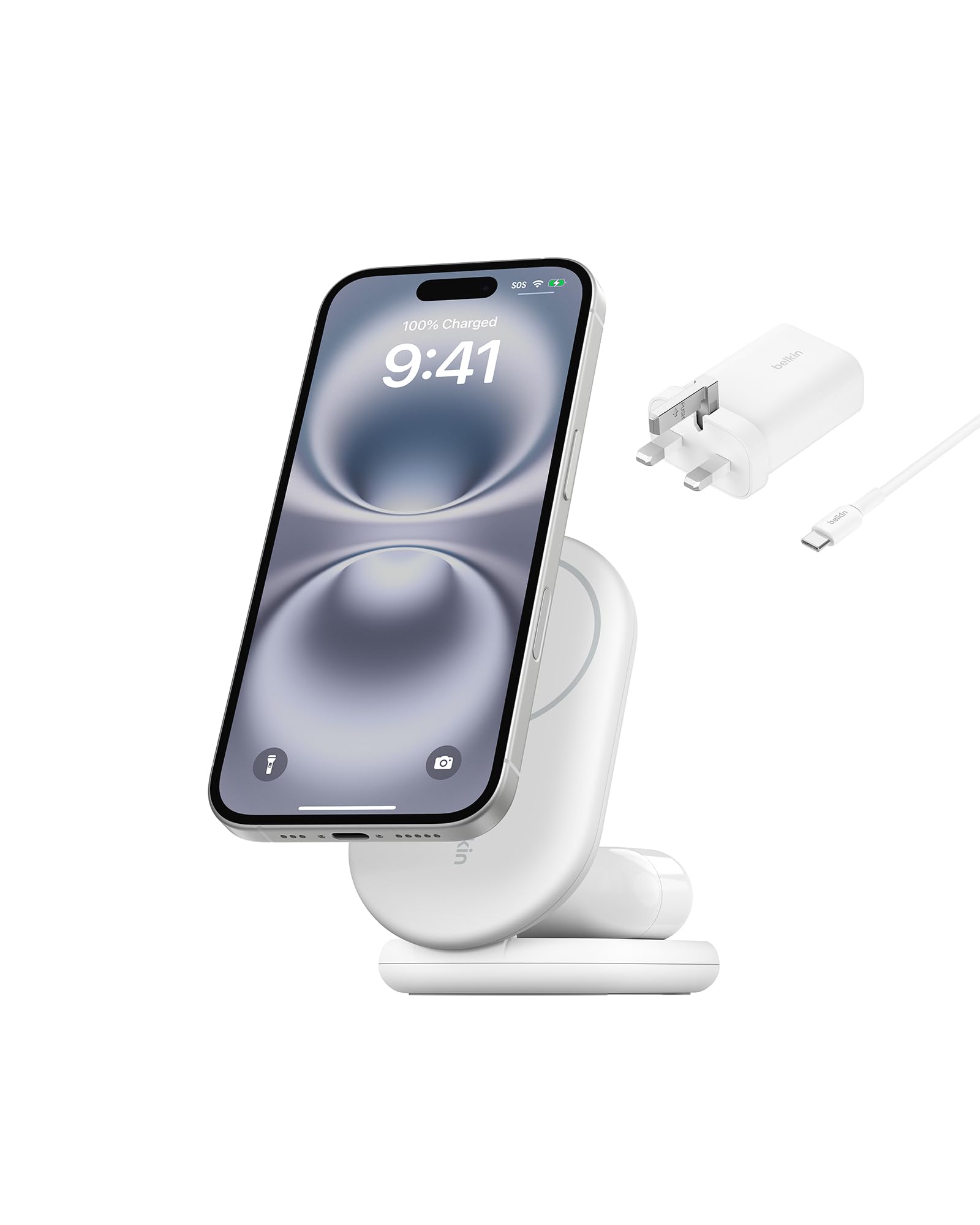 Belkin BoostCharge 2-in-1 Magnetic Foldable Qi2 Charger 15W, MagSafe Compatible Wireless Charger, Fast Charging for iPhone 17, Air, 16, 15, Charging Station with Non-Slip Base, PSU Included - White