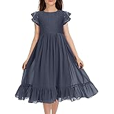 MITILLY Girls Elegant Lace Flower Crew Neck Ruffle Chiffon A-Line Flowy Birthday Party Midi Dress