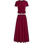 PRETTYGARDEN Women's 2 Piece Skirt Sets Summer Short Sleeve Button Up Knit Crop Top Flowy Maxi Skirts Travel Vacation Outfits