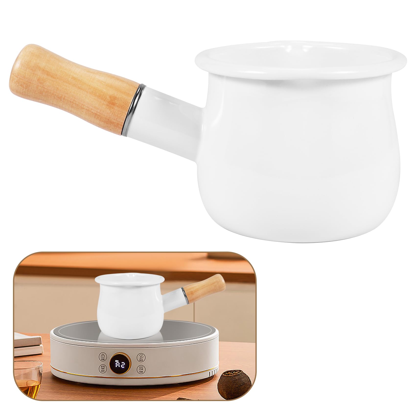 Liseng Enamel Milk Pan, Warmer 10cm Enamelware Saucepan Pan with Wooden Handle, Perfect Size for Heating Smaller Liquid Portions. (White)
