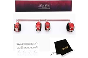 EXREIZST Adjustable Expandable Spreader Bar with 4 Leather Straps Home Gyms System Sports Exercise Set Kit, Black and Red